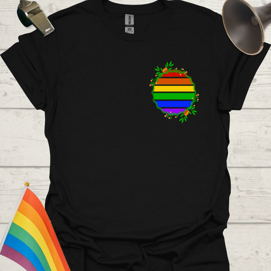 LGBT Pride Rainbow Stripes in a sphere with wild flowers T-shirt