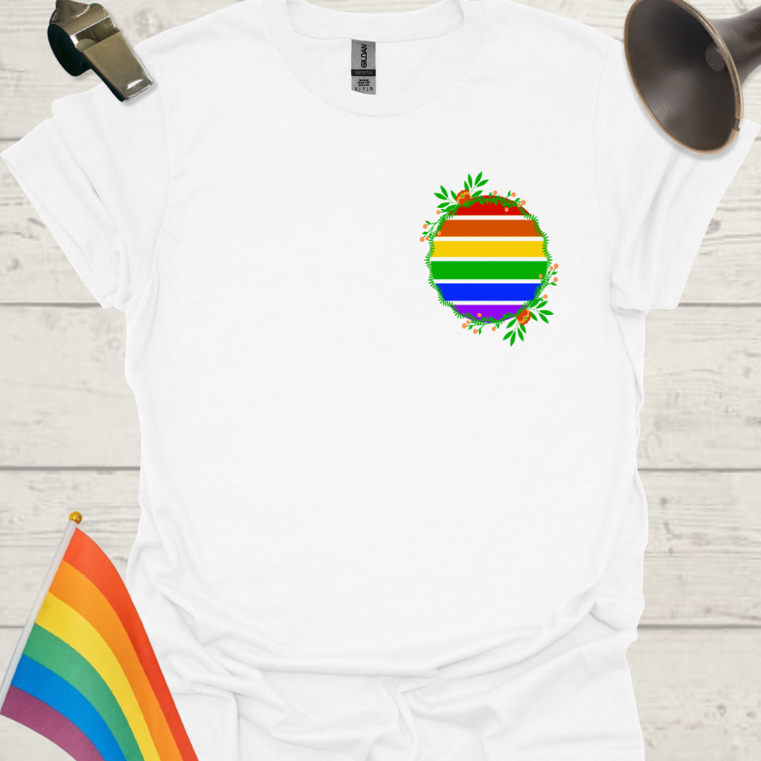 LGBT Pride Rainbow Stripes in a sphere with wild flowers T-shirt