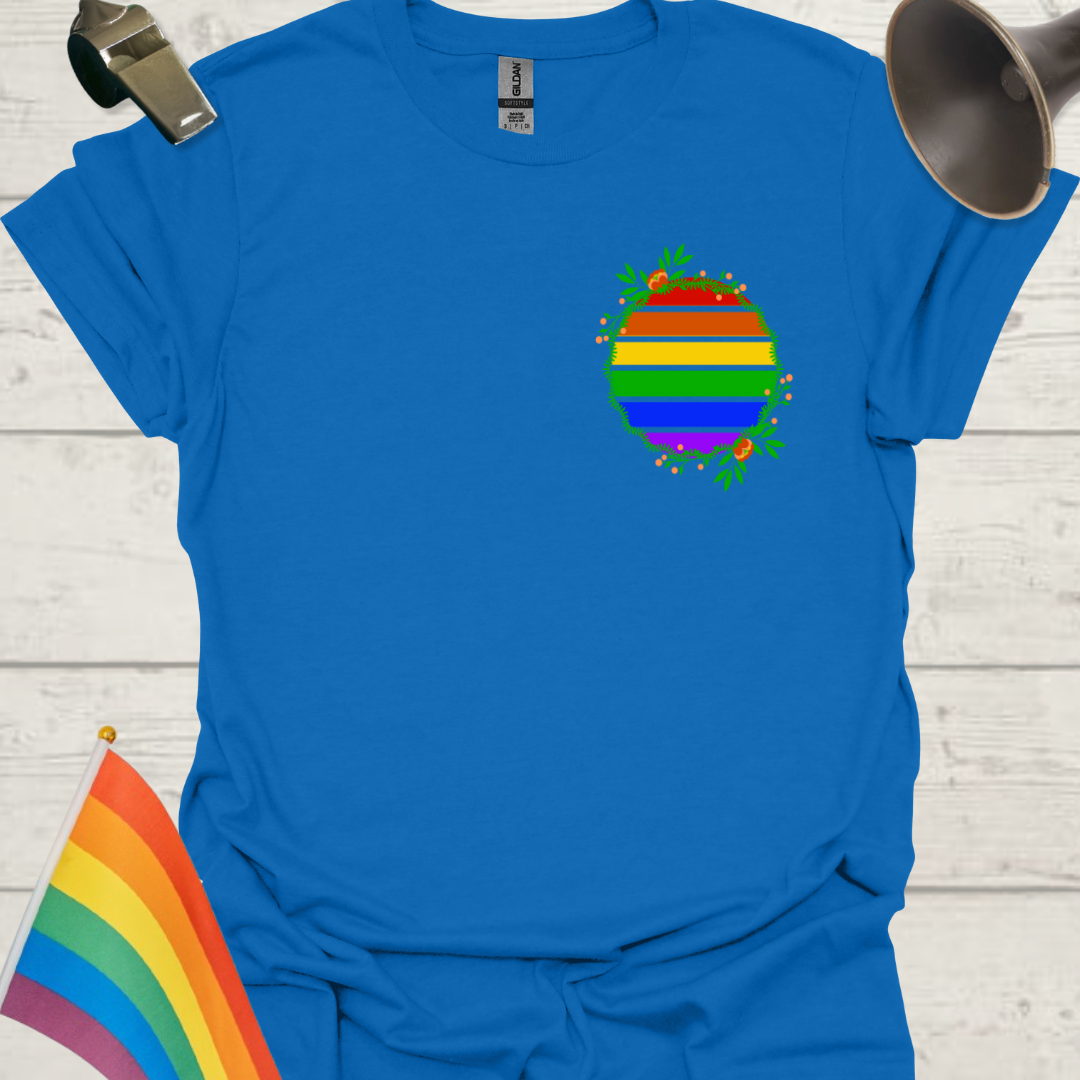 LGBT Pride Rainbow Stripes in a sphere with wild flowers T-shirt