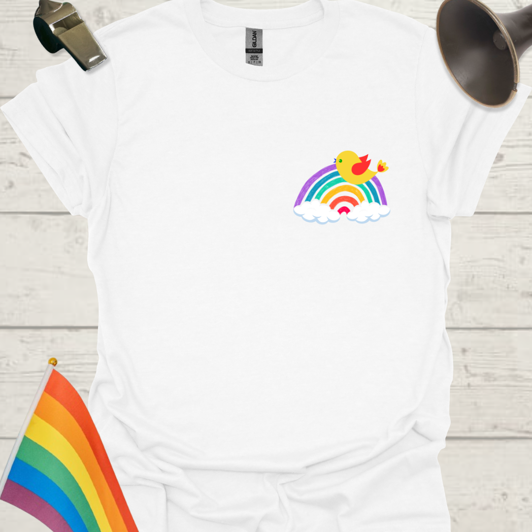 Unisex Pride T-Shirt - LGBTQ Pride Bird on a Rainbow Design