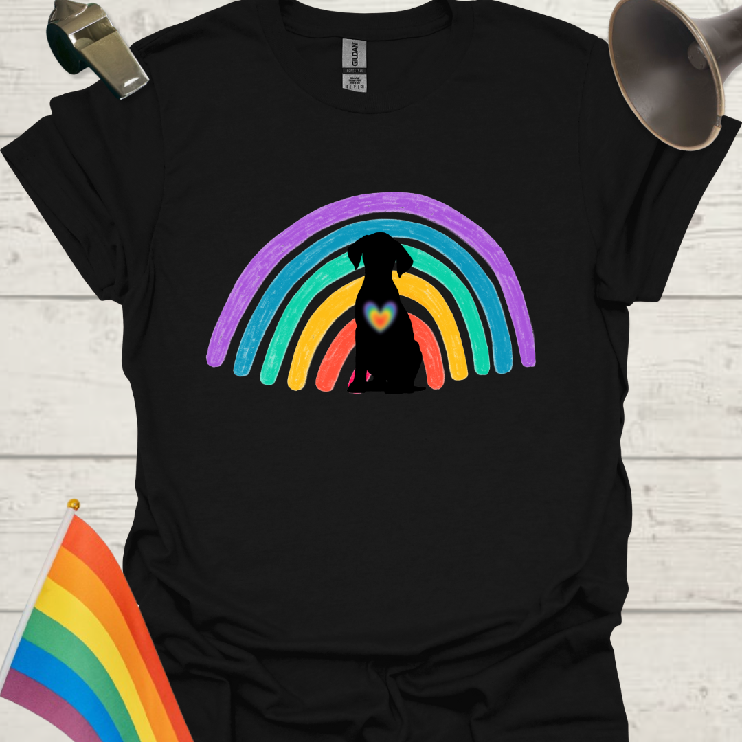 Unisex Pride T-Shirt - LGBT Pride Black Dog on a Rainbow, Heart Design
