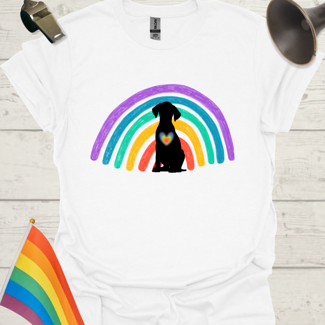 Unisex Pride T-Shirt - LGBT Pride Black Dog on a Rainbow, Heart Design