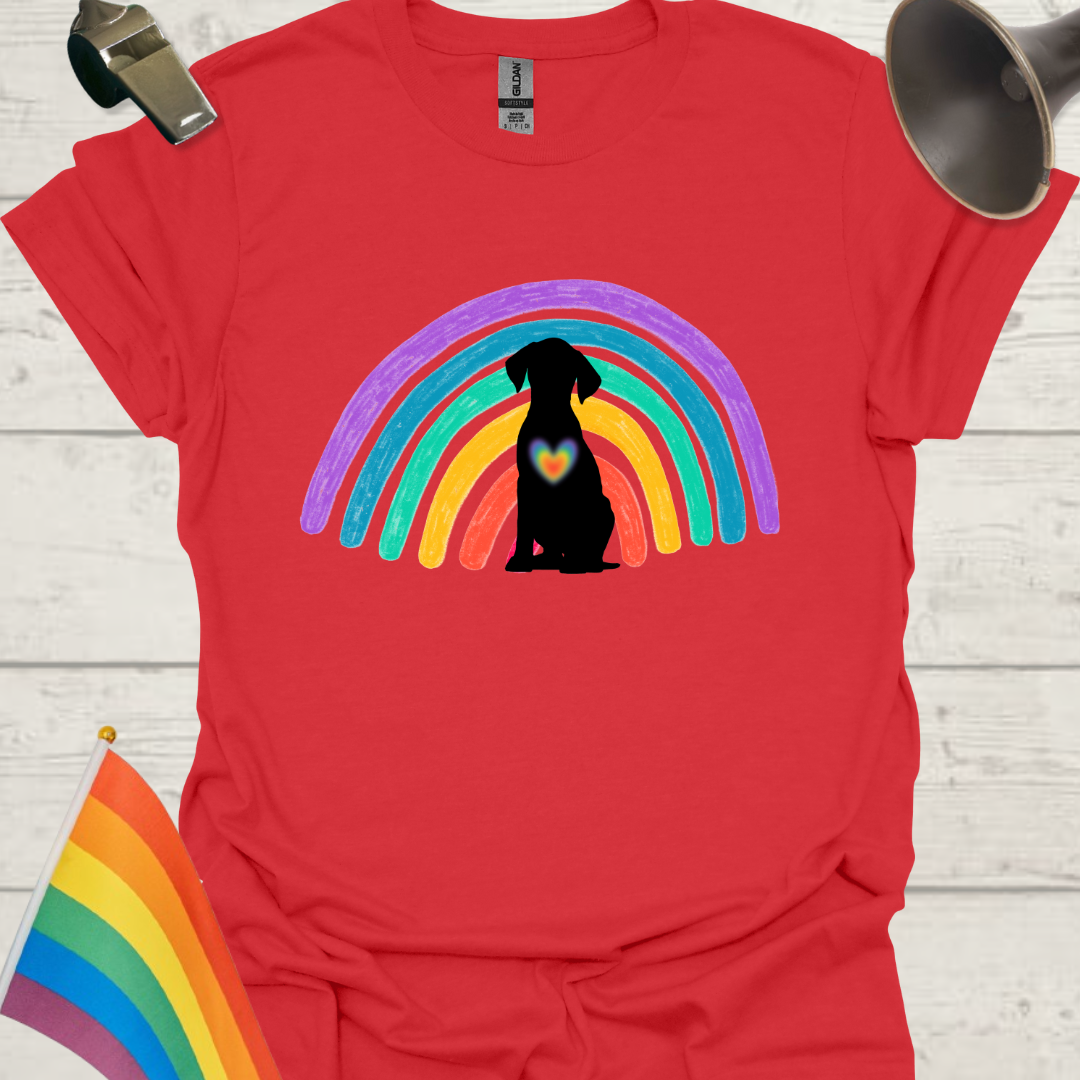 Unisex Pride T-Shirt - LGBT Pride Black Dog on a Rainbow, Heart Design
