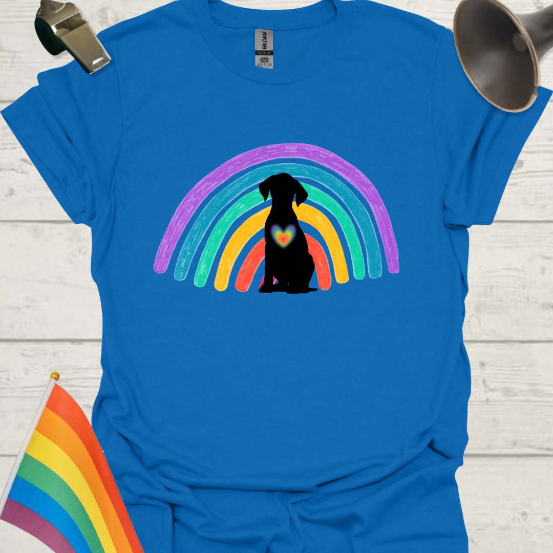 Unisex Pride T-Shirt - LGBT Pride Black Dog on a Rainbow, Heart Design