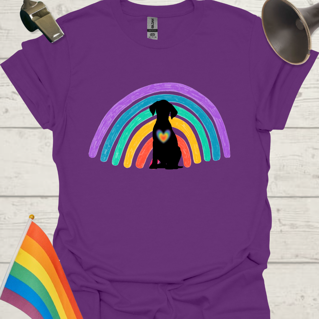 Unisex Pride T-Shirt - LGBT Pride Black Dog on a Rainbow, Heart Design