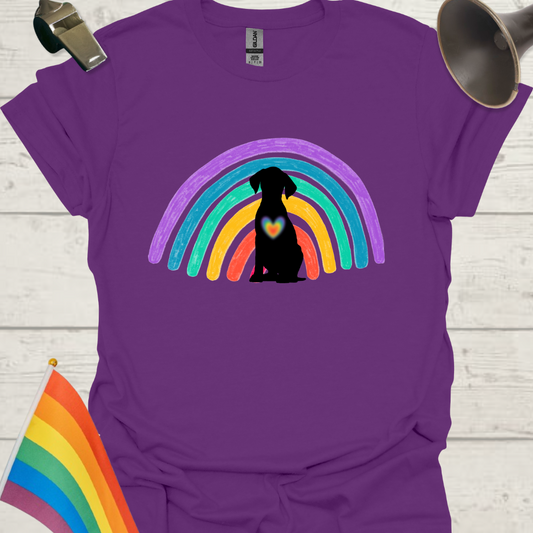Unisex Pride T-Shirt - LGBT Pride Black Dog on a Rainbow, Heart Design