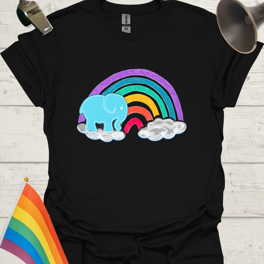 Unisex Pride T-Shirt - LGBT Pride Blue Elephant on a Rainbow with clouds Design