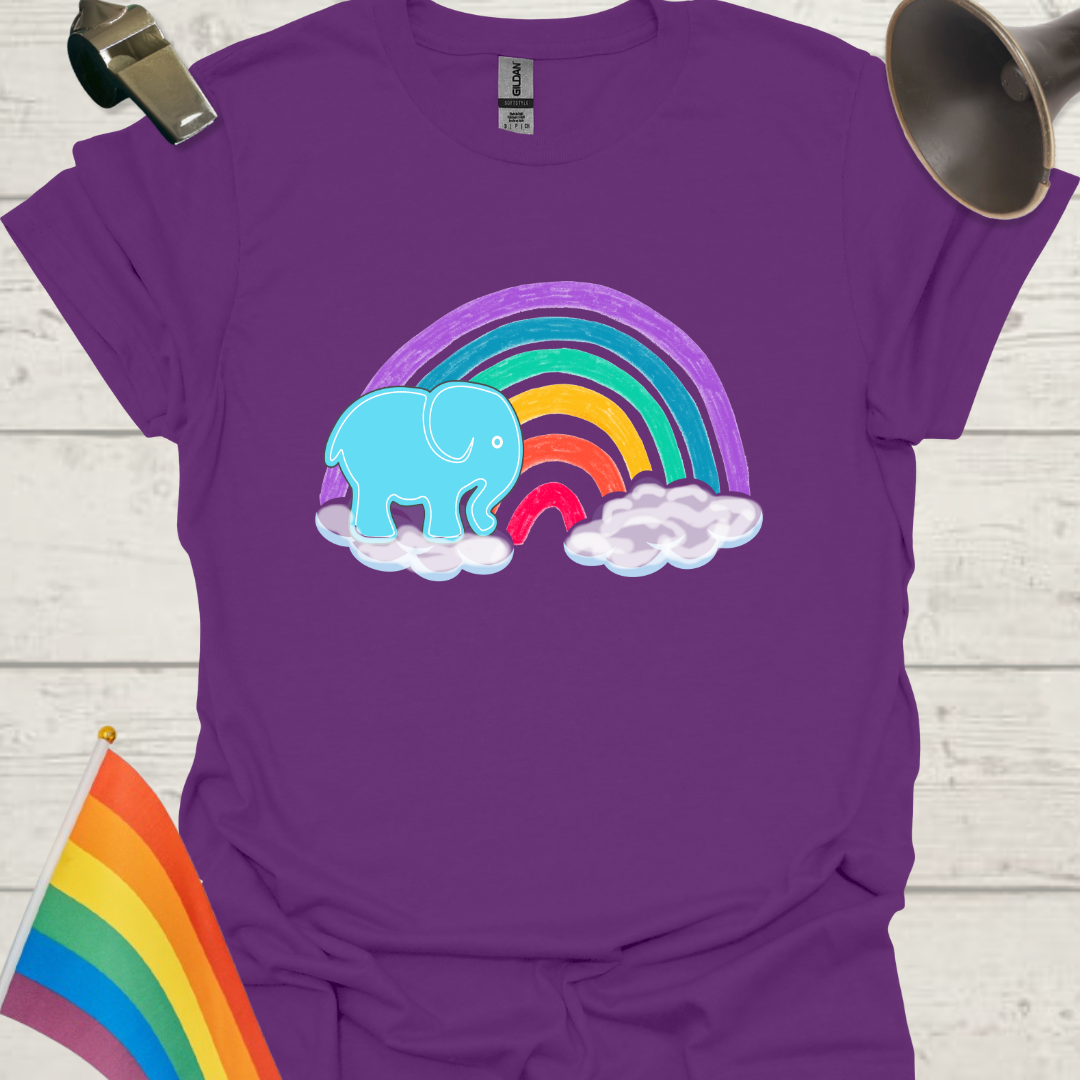 Unisex Pride T-Shirt - LGBT Pride Blue Elephant on a Rainbow with clouds Design