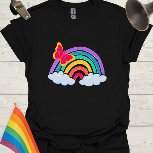 Unisex Pride T-Shirt - LGBT Pride Butterfly on a Rainbow with clouds Design