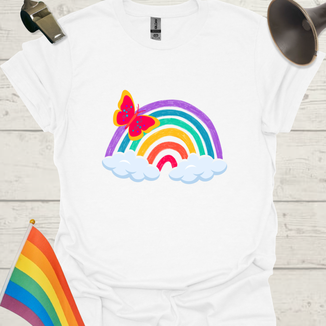 Unisex Pride T-Shirt - LGBT Pride Butterfly on a Rainbow with clouds Design