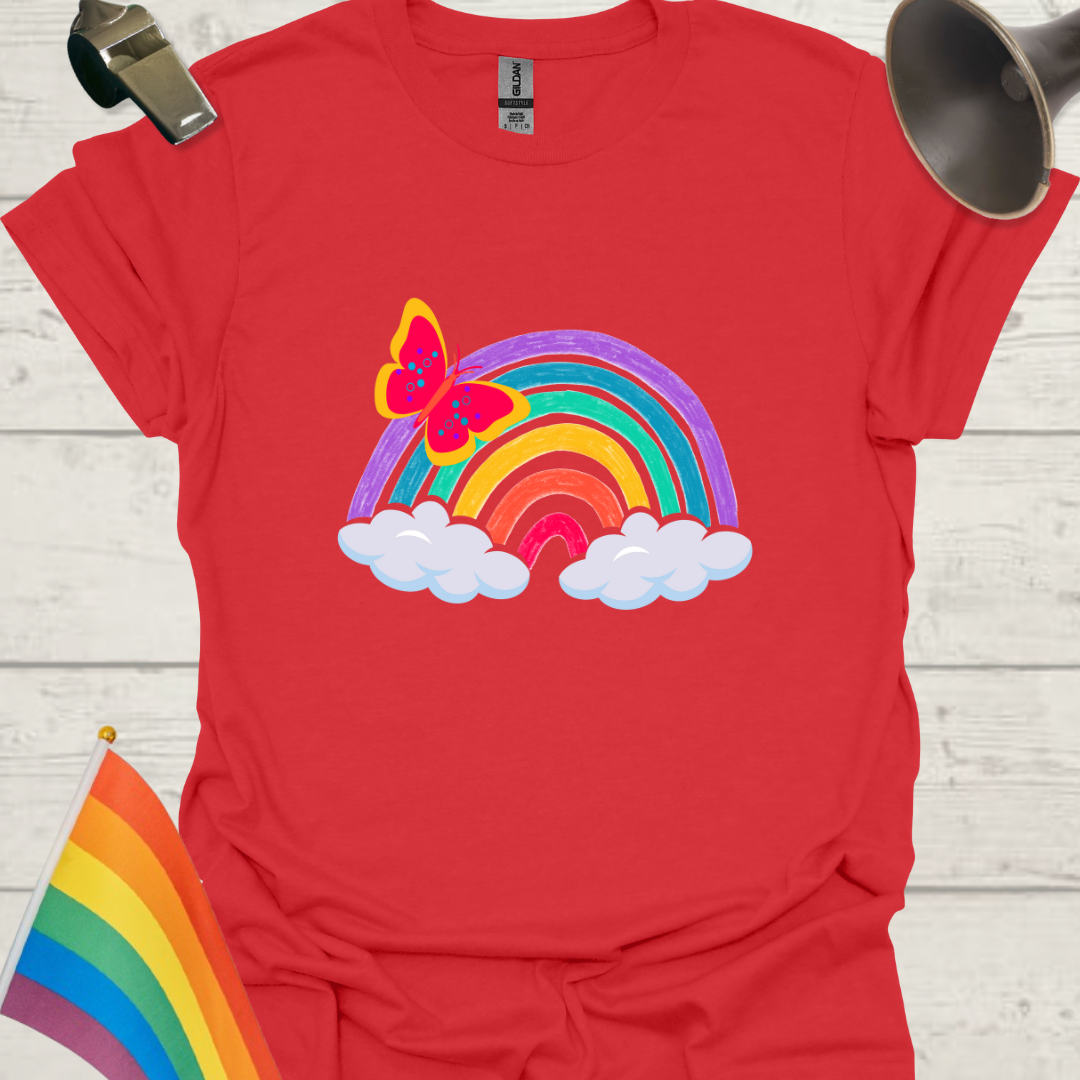 Unisex Pride T-Shirt - LGBT Pride Butterfly on a Rainbow with clouds Design