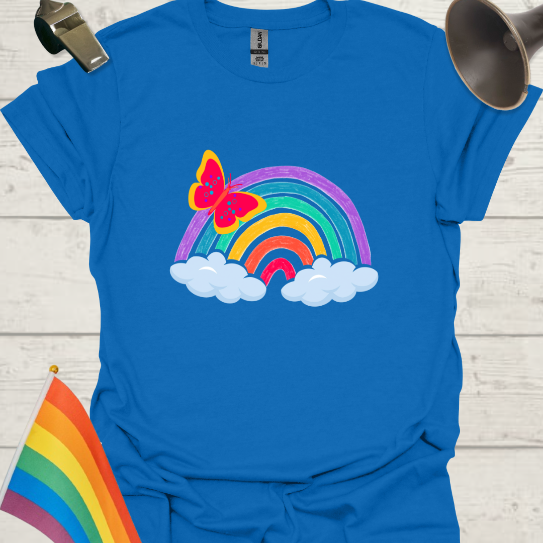 Unisex Pride T-Shirt - LGBT Pride Butterfly on a Rainbow with clouds Design