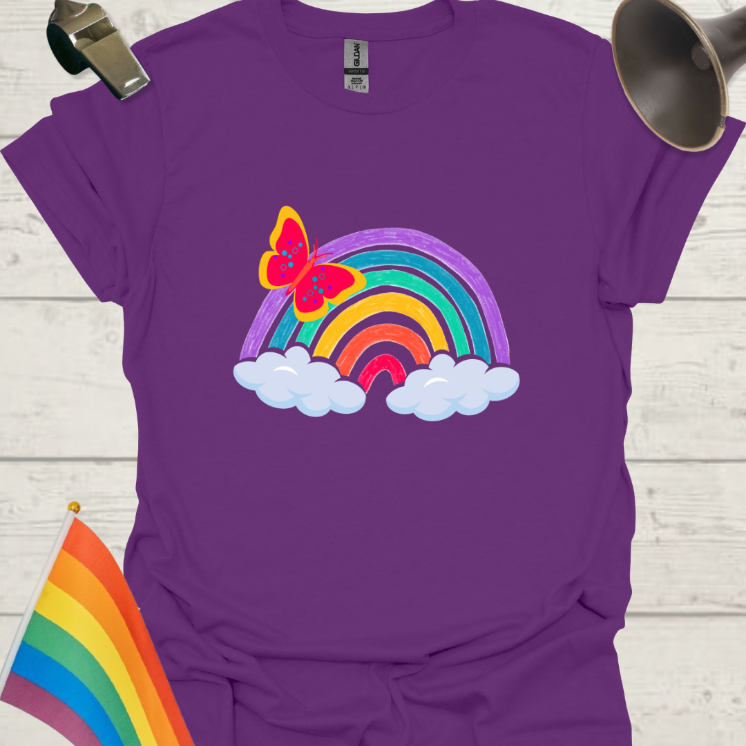 Unisex Pride T-Shirt - LGBT Pride Butterfly on a Rainbow with clouds Design
