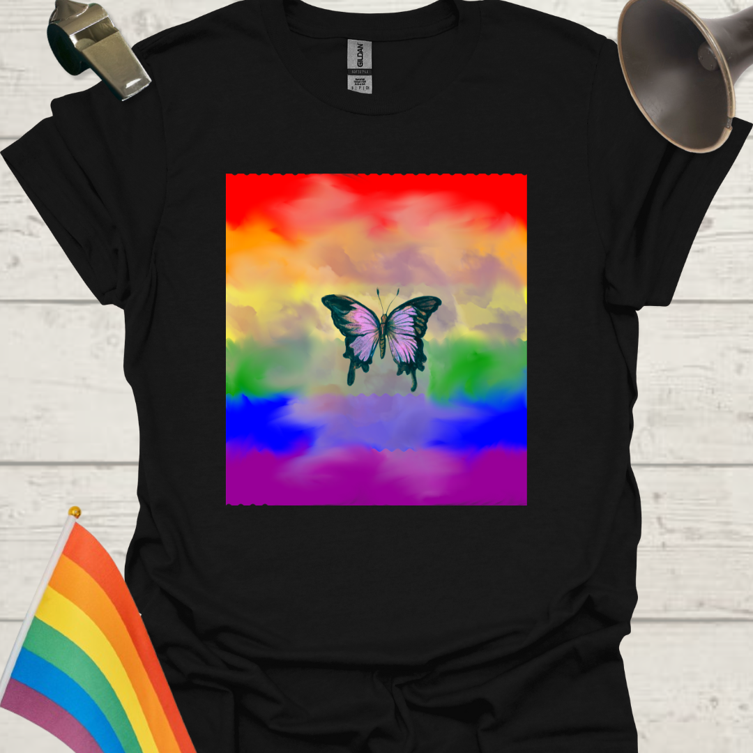 Unisex Pride T-Shirt - LGBT Pride Flag Ripples, Butterfly, Clouds Design