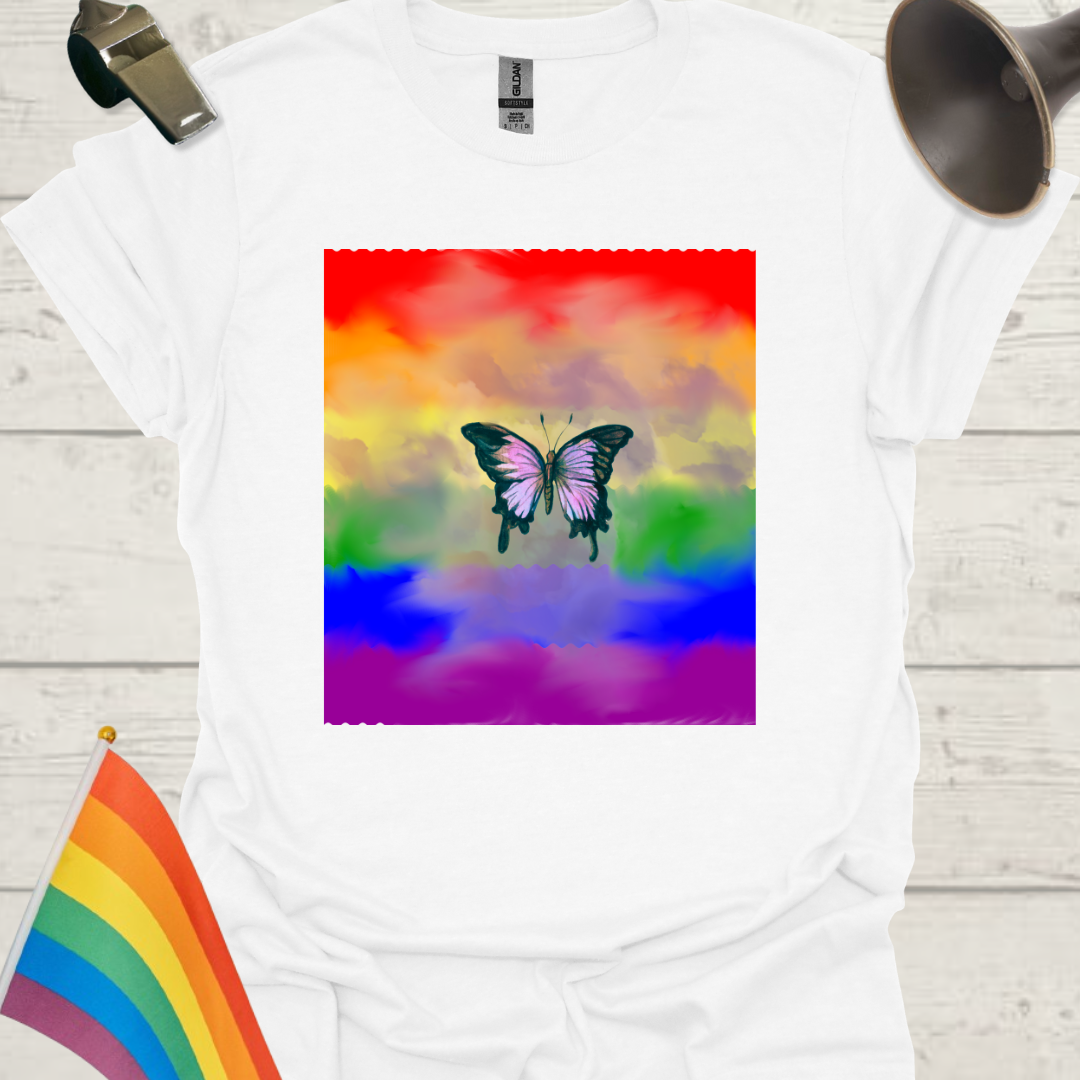 Unisex Pride T-Shirt - LGBT Pride Flag Ripples, Butterfly, Clouds Design