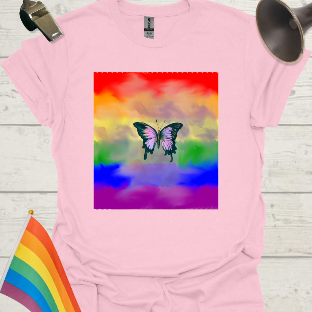 Unisex Pride T-Shirt - LGBT Pride Flag Ripples, Butterfly, Clouds Design
