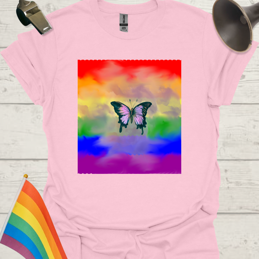 Unisex Pride T-Shirt - LGBT Pride Flag Ripples, Butterfly, Clouds Design