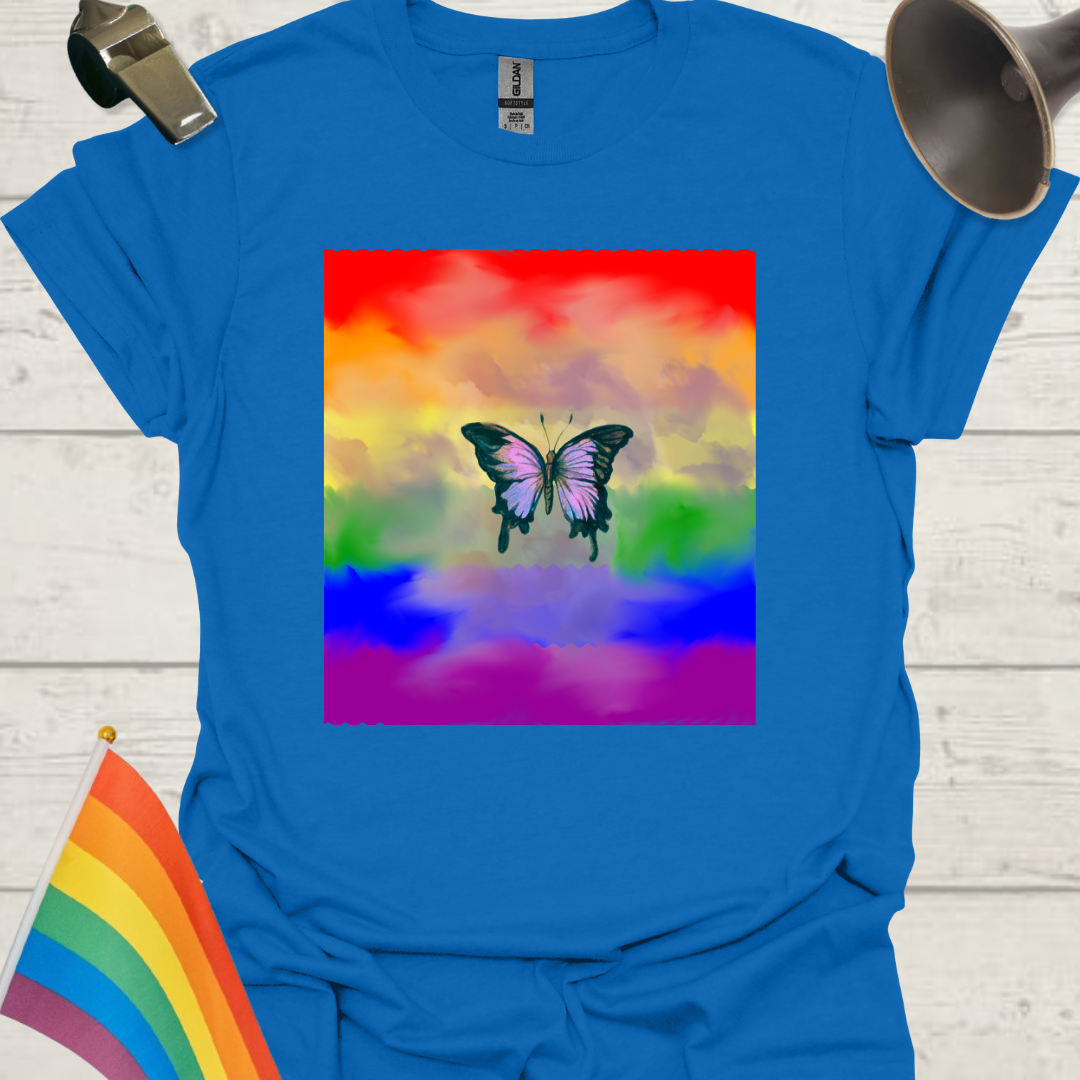 Unisex Pride T-Shirt - LGBT Pride Flag Ripples, Butterfly, Clouds Design