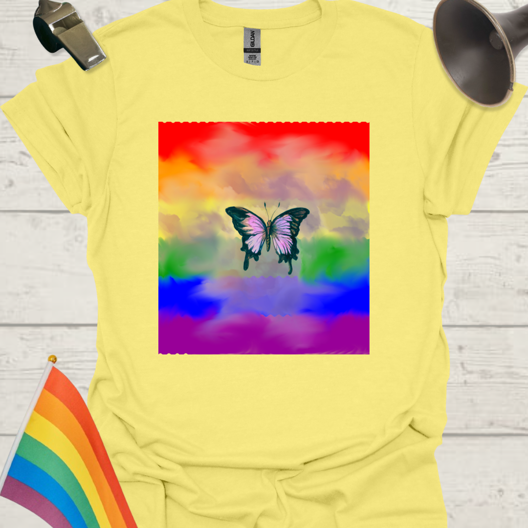 Unisex Pride T-Shirt - LGBT Pride Flag Ripples, Butterfly, Clouds Design