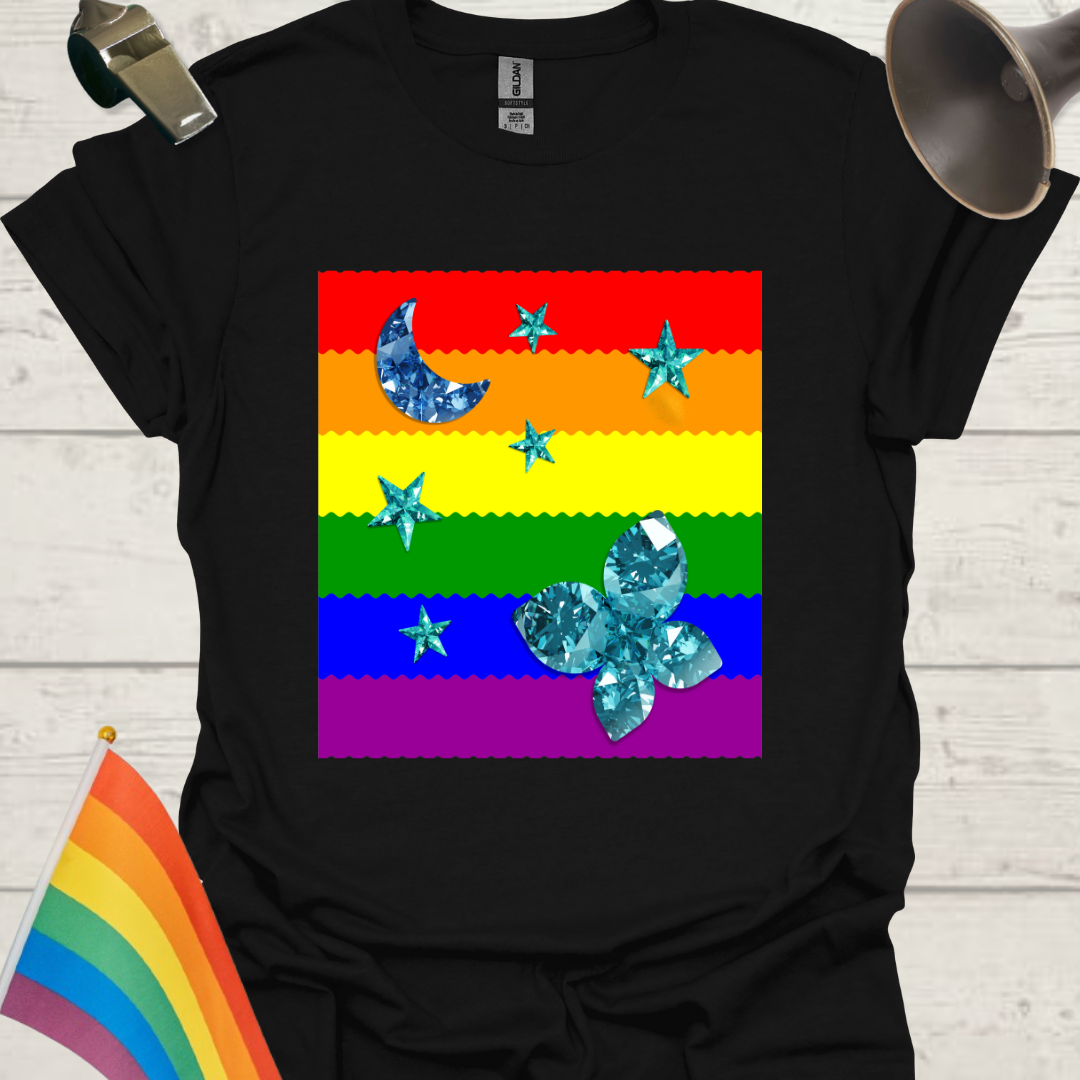 Unisex Pride T-Shirt - LGBT Pride Flag Ripples, Blue Moon, Stars, Butterfly Design