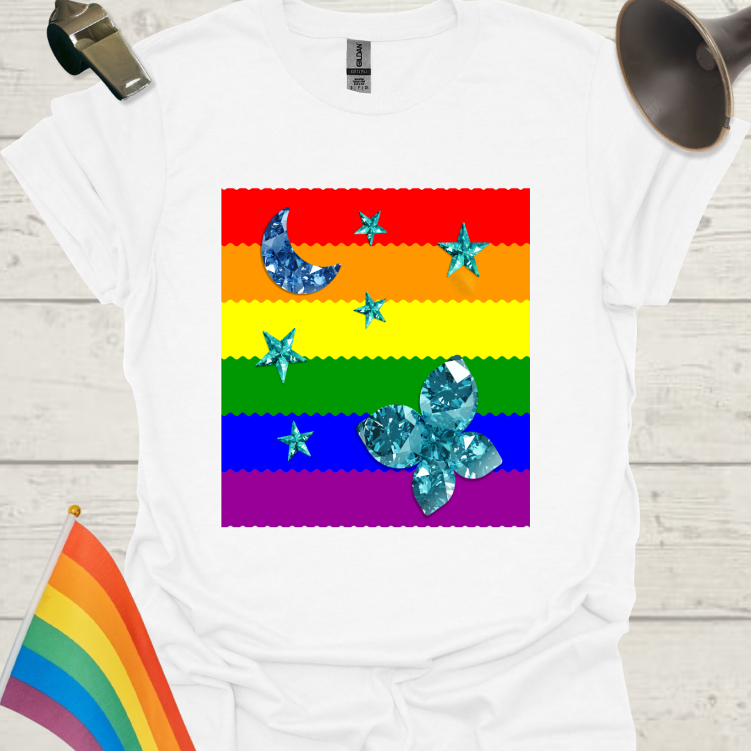 Unisex Pride T-Shirt - LGBT Pride Flag Ripples, Blue Moon, Stars, Butterfly Design