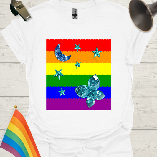 Unisex Pride T-Shirt - LGBT Pride Flag Ripples, Blue Moon, Stars, Butterfly Design