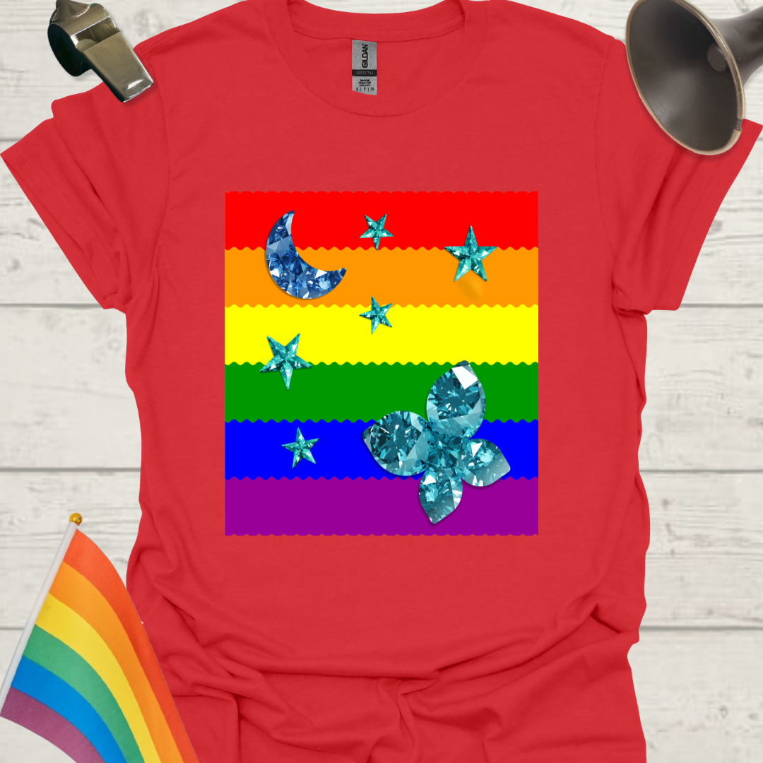 Unisex Pride T-Shirt - LGBT Pride Flag Ripples, Blue Moon, Stars, Butterfly Design