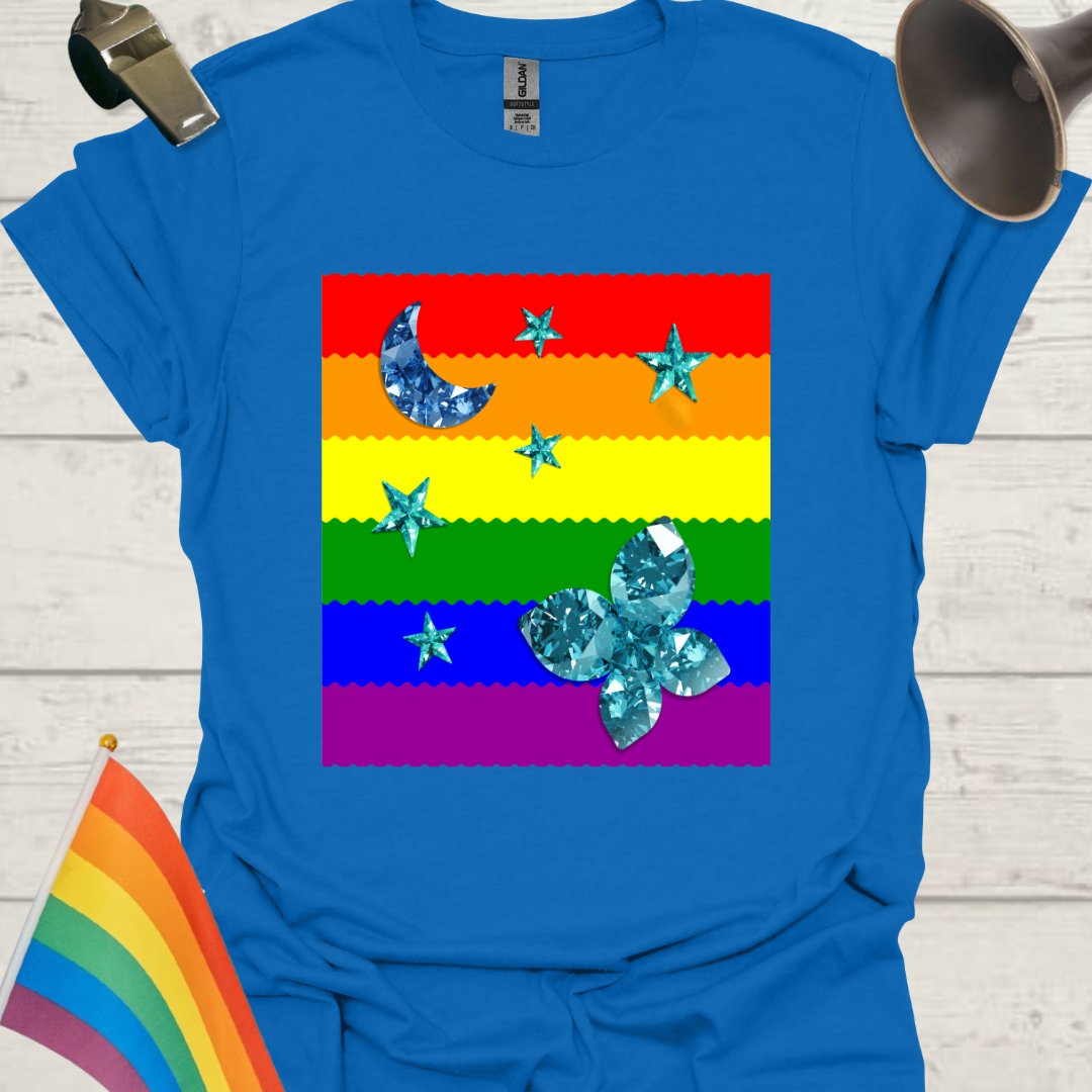 Unisex Pride T-Shirt - LGBT Pride Flag Ripples, Blue Moon, Stars, Butterfly Design