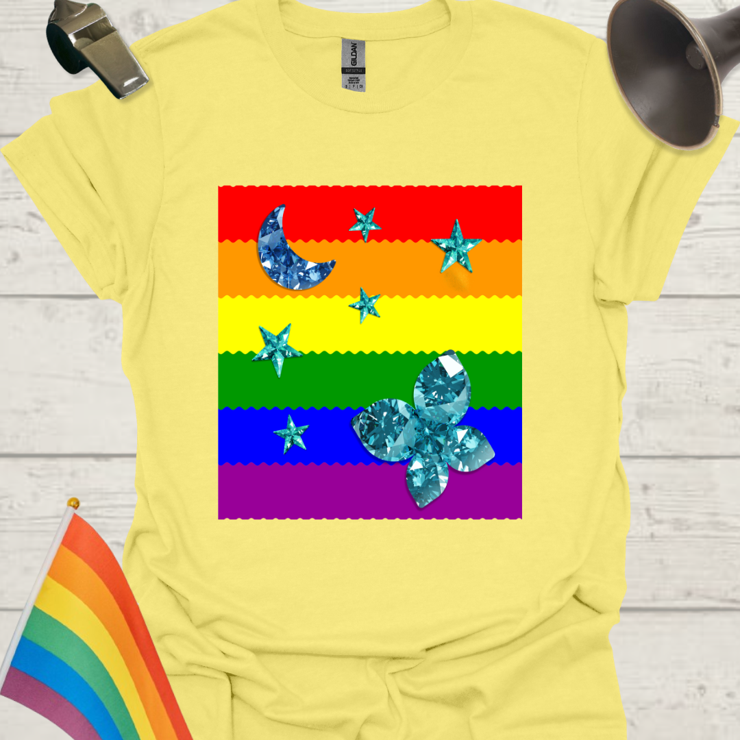 Unisex Pride T-Shirt - LGBT Pride Flag Ripples, Blue Moon, Stars, Butterfly Design