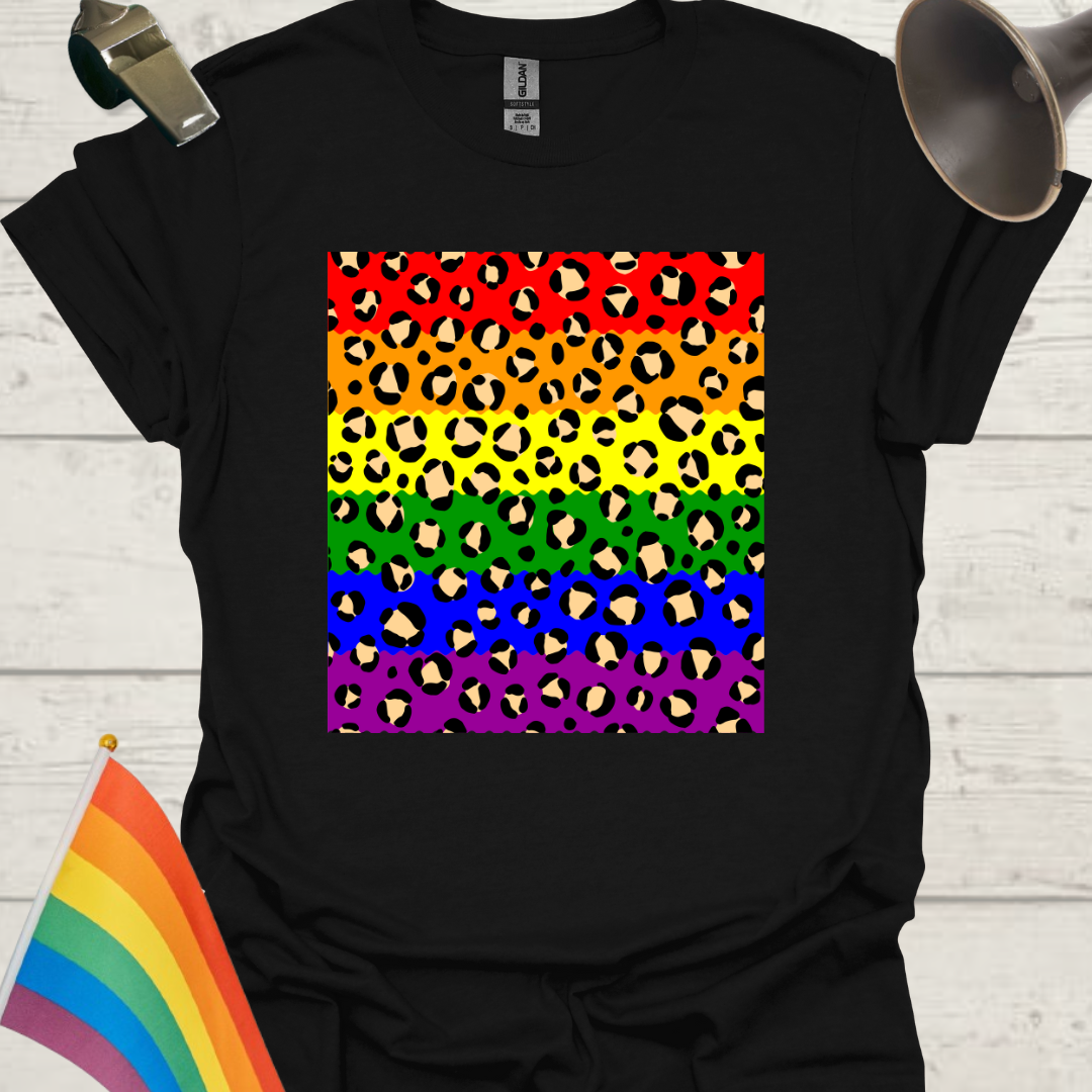 Unisex Pride T-Shirt - LGBT Pride Flag Ripples, Leopard Pattern Design