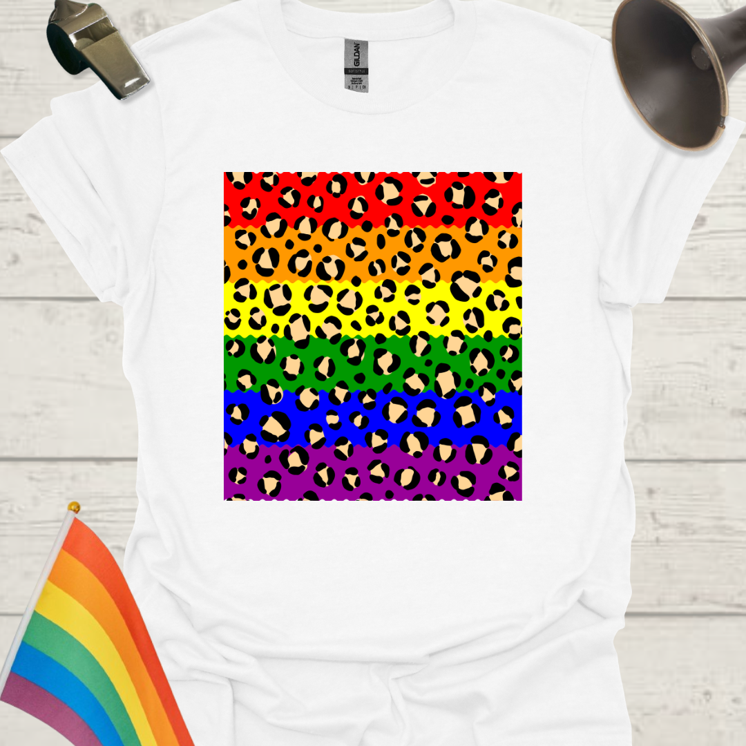 Unisex Pride T-Shirt - LGBT Pride Flag Ripples, Leopard Pattern Design