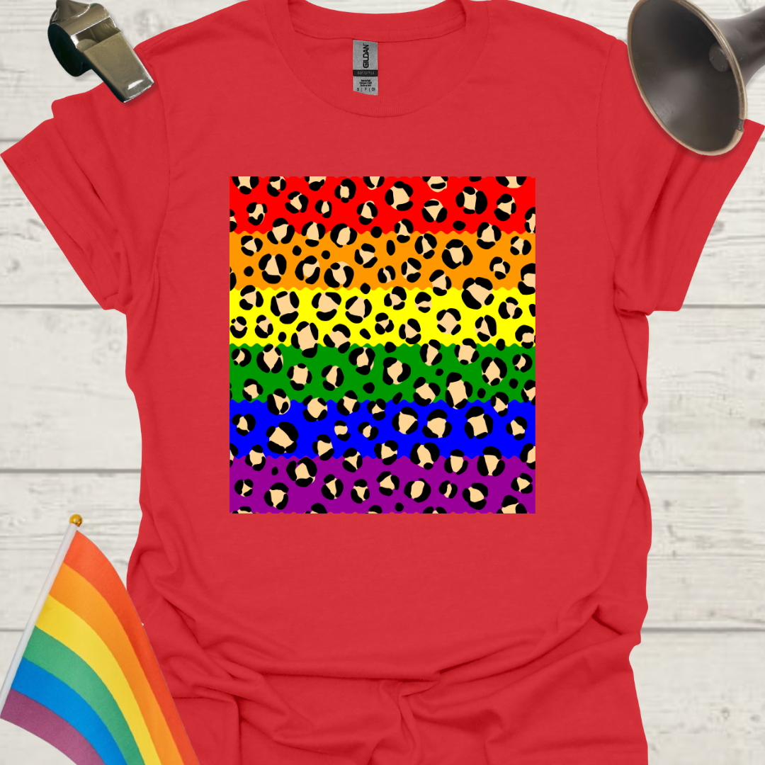 Unisex Pride T-Shirt - LGBT Pride Flag Ripples, Leopard Pattern Design