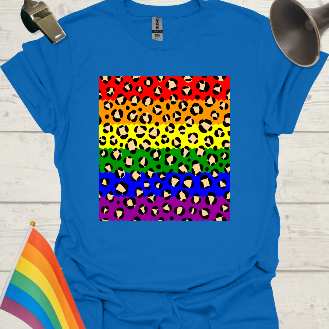 Unisex Pride T-Shirt - LGBT Pride Flag Ripples, Leopard Pattern Design