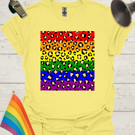 Unisex Pride T-Shirt - LGBT Pride Flag Ripples, Leopard Pattern Design