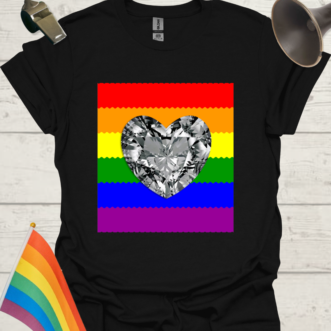 Unisex Pride T-Shirt - LGBT Pride Flag Ripples, Silver Gem Heart Design