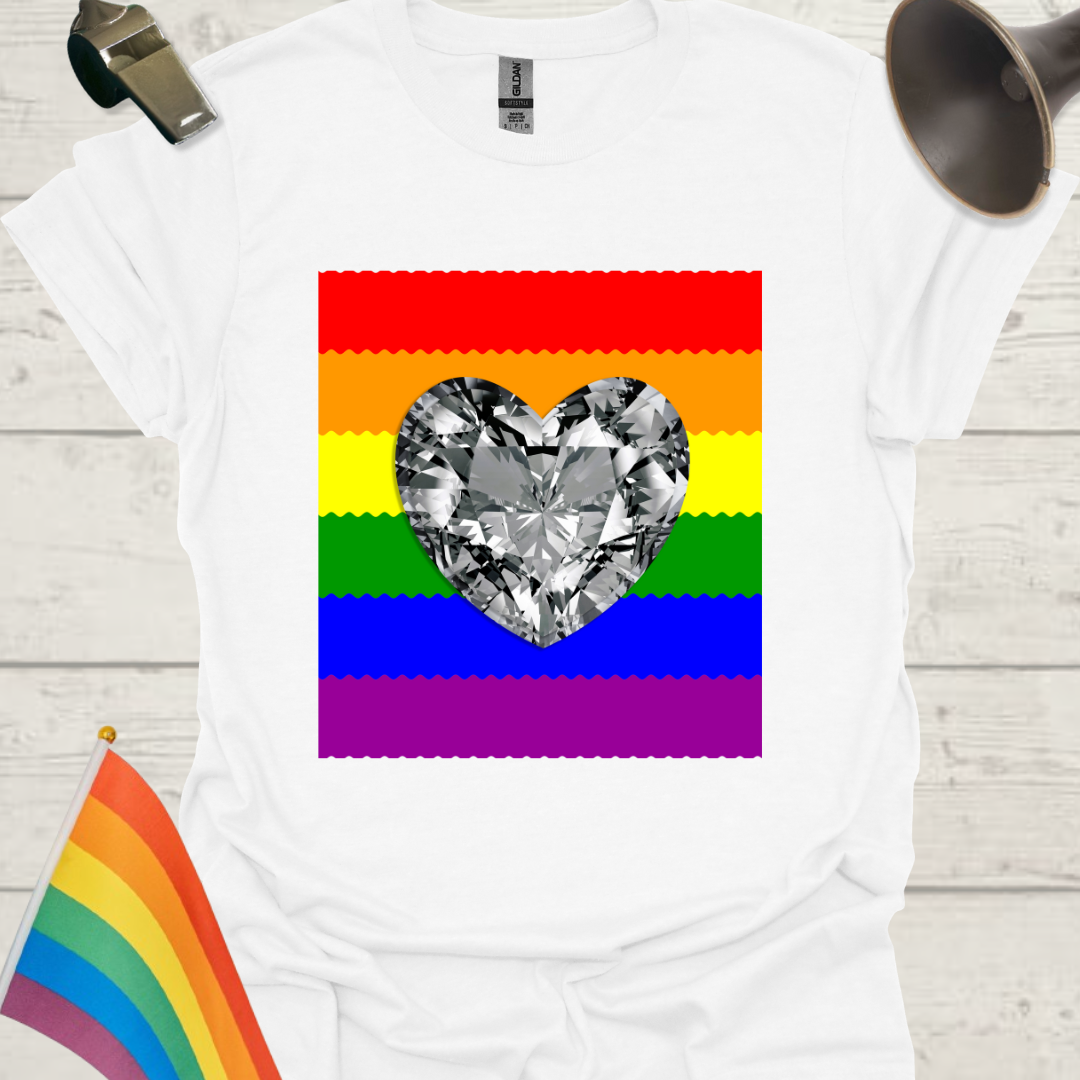 Unisex Pride T-Shirt - LGBT Pride Flag Ripples, Silver Gem Heart Design