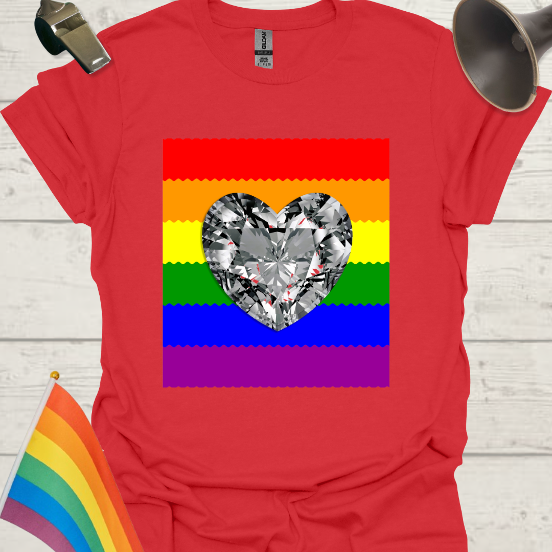 Unisex Pride T-Shirt - LGBT Pride Flag Ripples, Silver Gem Heart Design