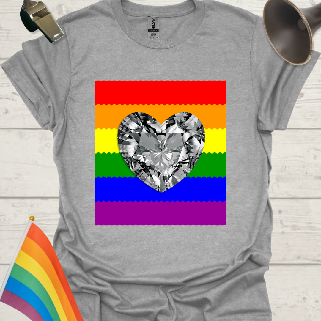 Unisex Pride T-Shirt - LGBT Pride Flag Ripples, Silver Gem Heart Design