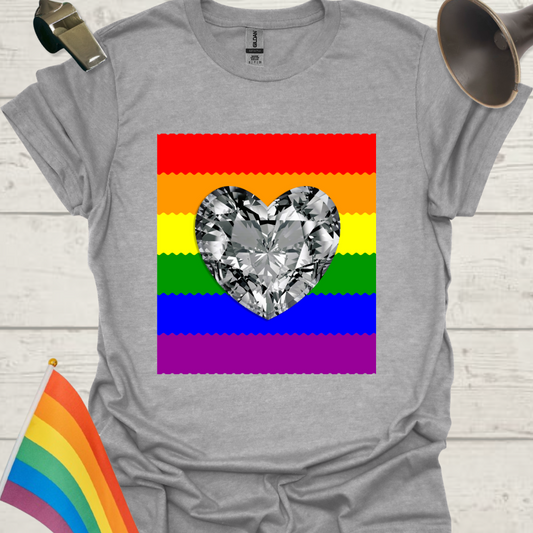 Unisex Pride T-Shirt - LGBT Pride Flag Ripples, Silver Gem Heart Design