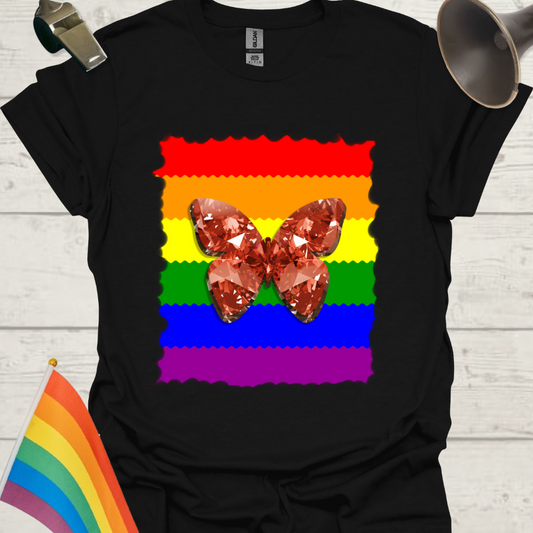 Unisex Pride T-Shirt - LGBT Pride Flag Ripples, Unevenly Cut,  Red Gem Butterfly Design
