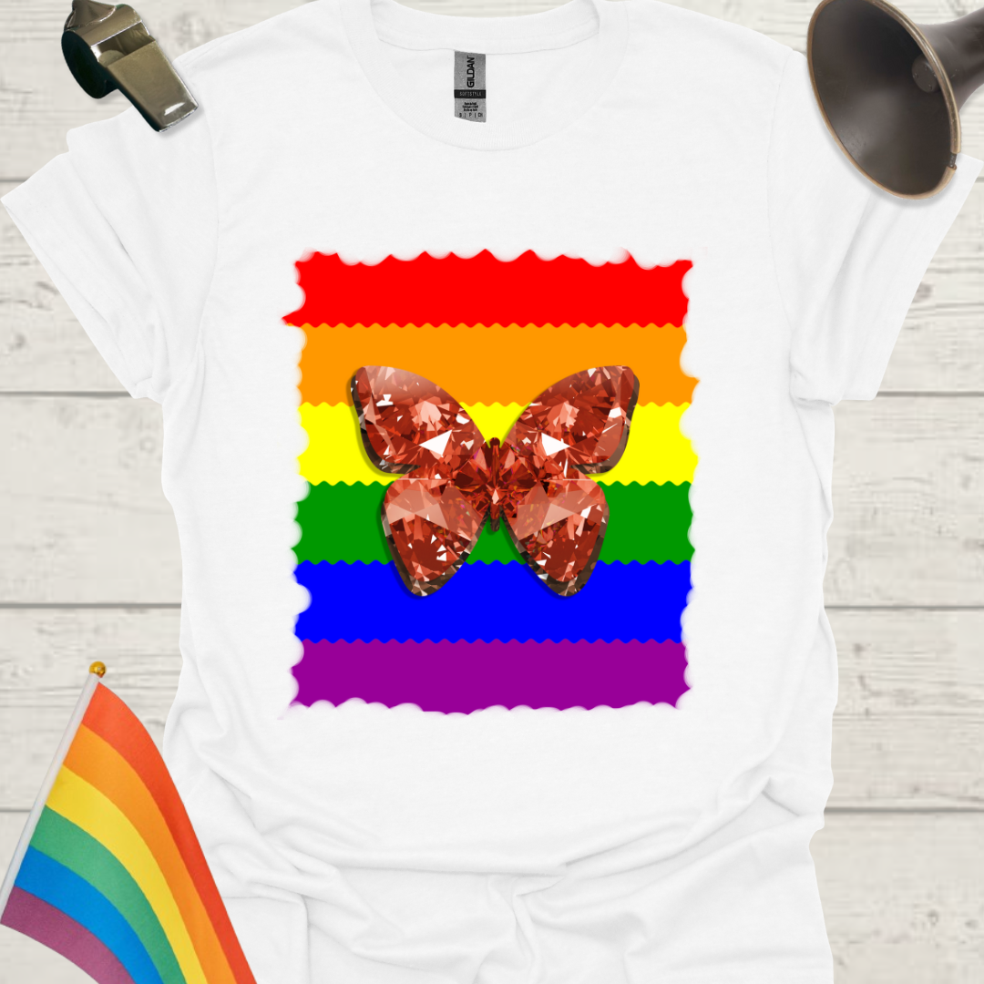 Unisex Pride T-Shirt - LGBT Pride Flag Ripples, Unevenly Cut,  Red Gem Butterfly Design