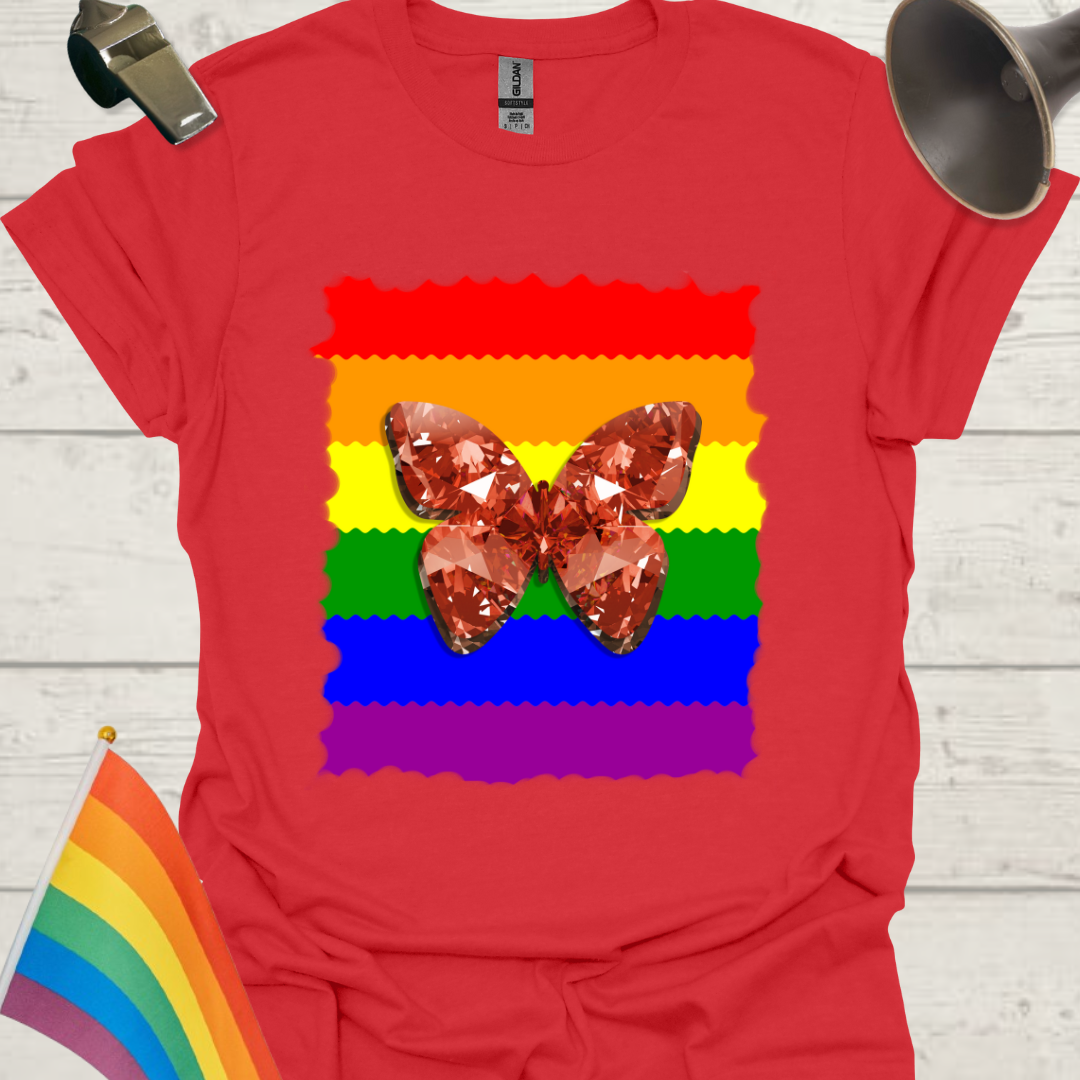 Unisex Pride T-Shirt - LGBT Pride Flag Ripples, Unevenly Cut,  Red Gem Butterfly Design