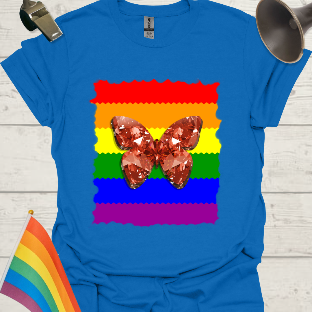 Unisex Pride T-Shirt - LGBT Pride Flag Ripples, Unevenly Cut,  Red Gem Butterfly Design