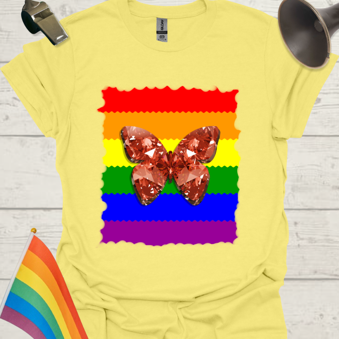 Unisex Pride T-Shirt - LGBT Pride Flag Ripples, Unevenly Cut,  Red Gem Butterfly Design