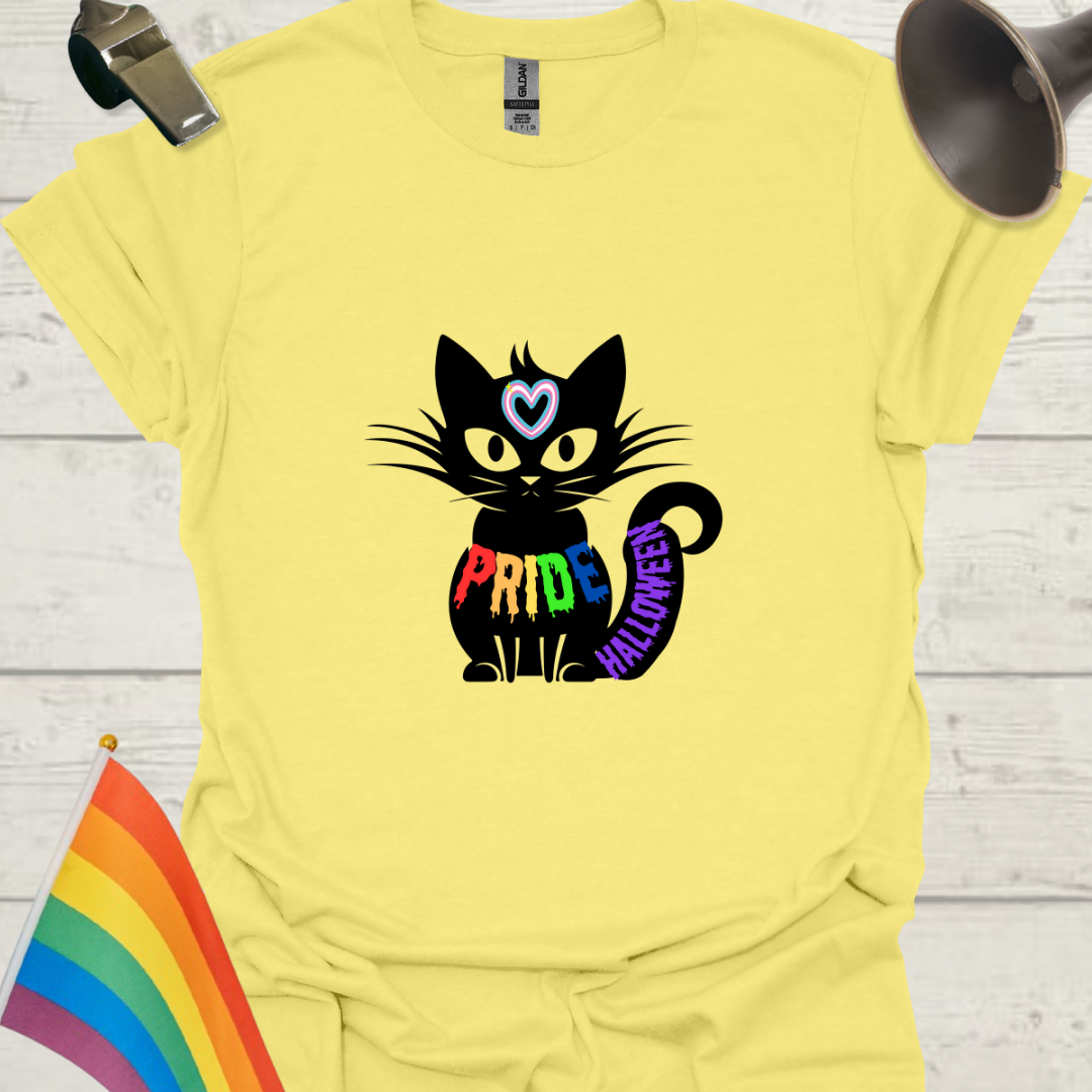 Unisex T-Shirt LGBT Pride Halloween Black Cat with Transgender Heart