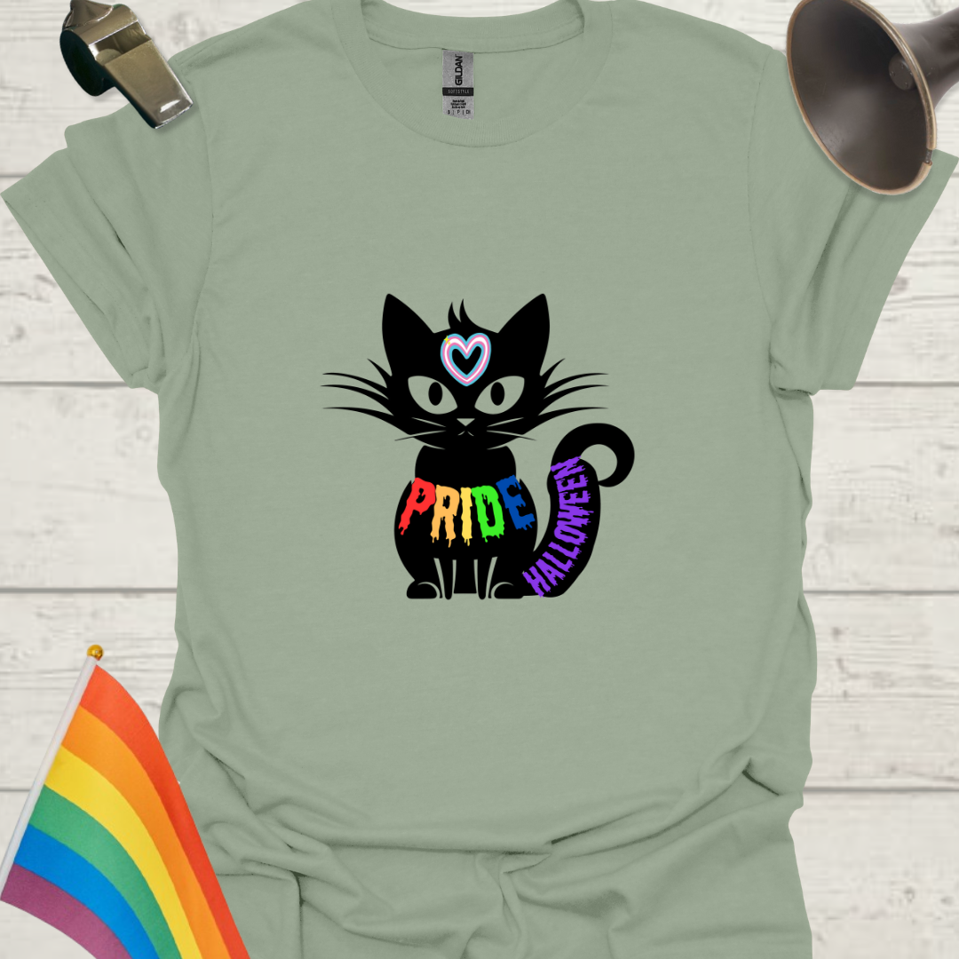 Unisex T-Shirt LGBT Pride Halloween Black Cat with Transgender Heart