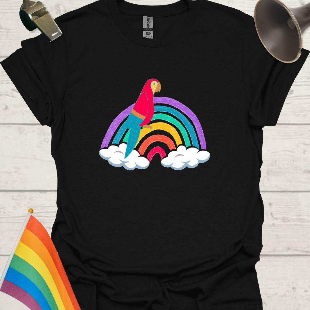 Unisex Pride T-Shirt - LGBT Pride Parrot on a Rainbow with Clouds Design