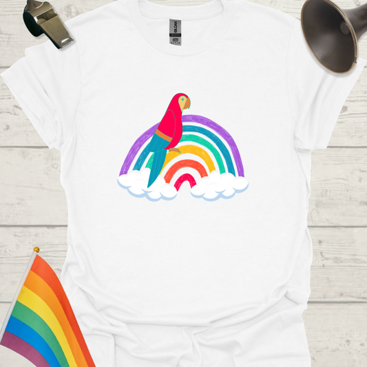 Unisex Pride T-Shirt - LGBT Pride Parrot on a Rainbow with Clouds Design