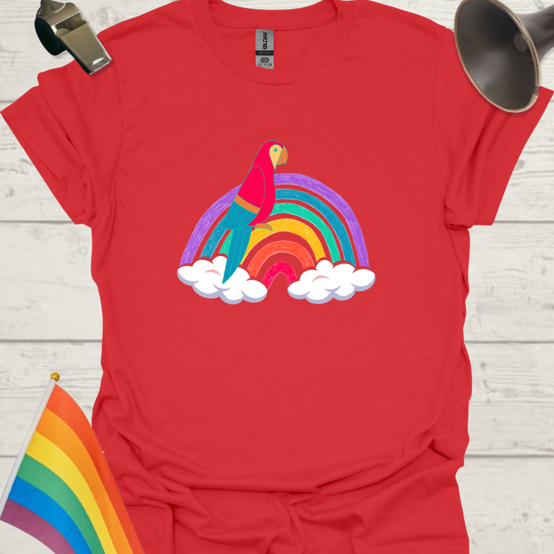 Unisex Pride T-Shirt - LGBT Pride Parrot on a Rainbow with Clouds Design