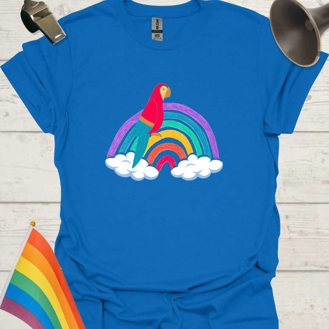 Unisex Pride T-Shirt - LGBT Pride Parrot on a Rainbow with Clouds Design